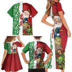 Meri Kirihimete New Zealand Personalised Family Matching Short Sleeve Bodycon Dress and Hawaiian Shirt Cute Santa NZ Animals and Pohutukawa