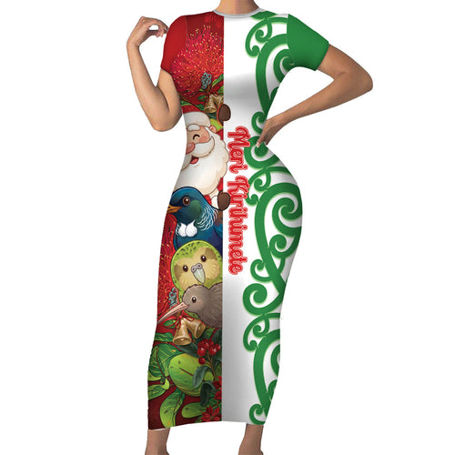 Meri Kirihimete New Zealand Personalised Family Matching Short Sleeve Bodycon Dress and Hawaiian Shirt Cute Santa NZ Animals and Pohutukawa