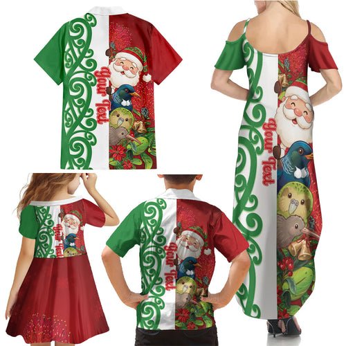 Meri Kirihimete New Zealand Personalised Family Matching Summer Maxi Dress and Hawaiian Shirt Cute Santa NZ Animals and Pohutukawa