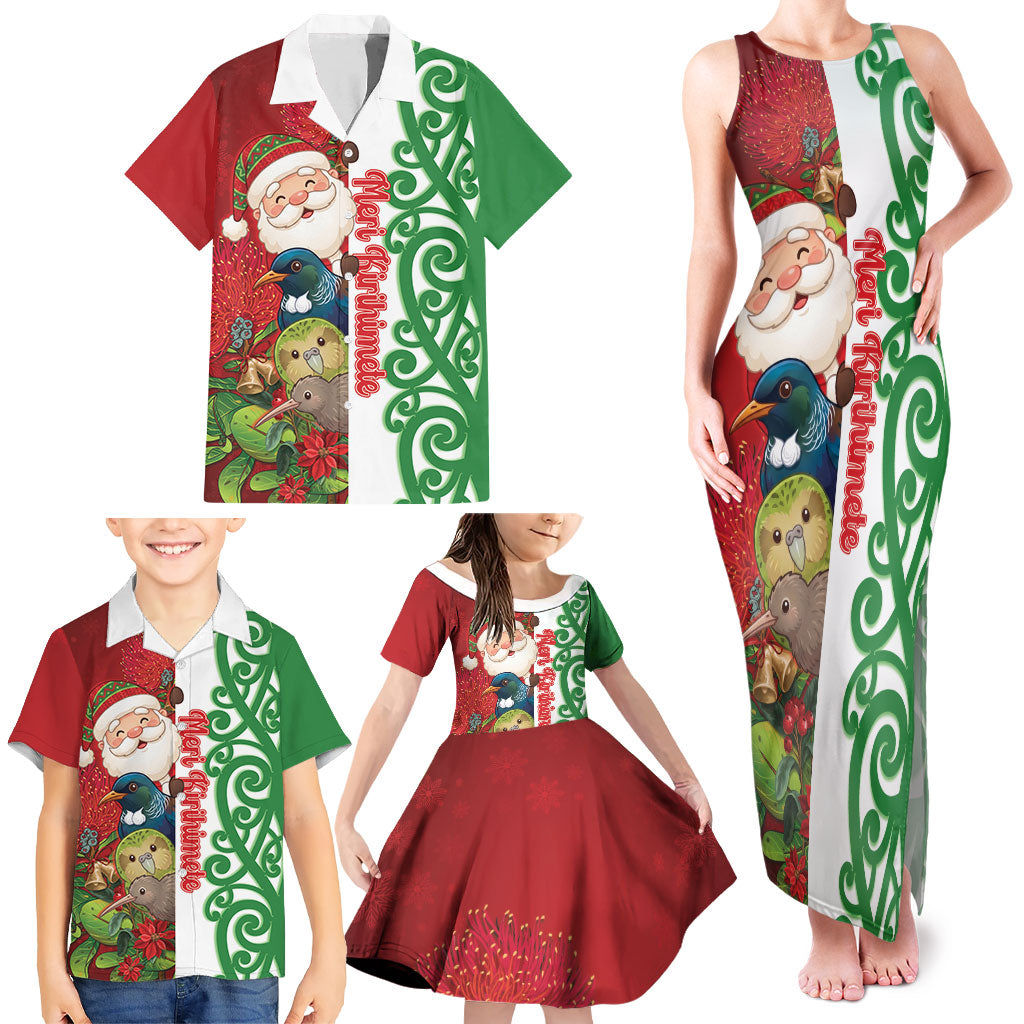 Meri Kirihimete New Zealand Personalised Family Matching Tank Maxi Dress and Hawaiian Shirt Cute Santa NZ Animals and Pohutukawa