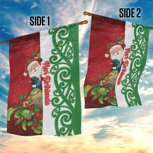 Meri Kirihimete New Zealand Garden Flag Cute Santa NZ Animals and Pohutukawa