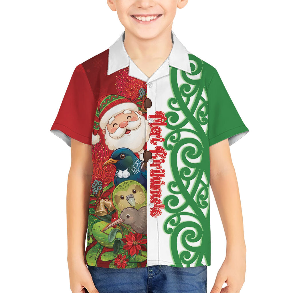 Meri Kirihimete New Zealand Personalised Kid Hawaiian Shirt Cute Santa NZ Animals and Pohutukawa
