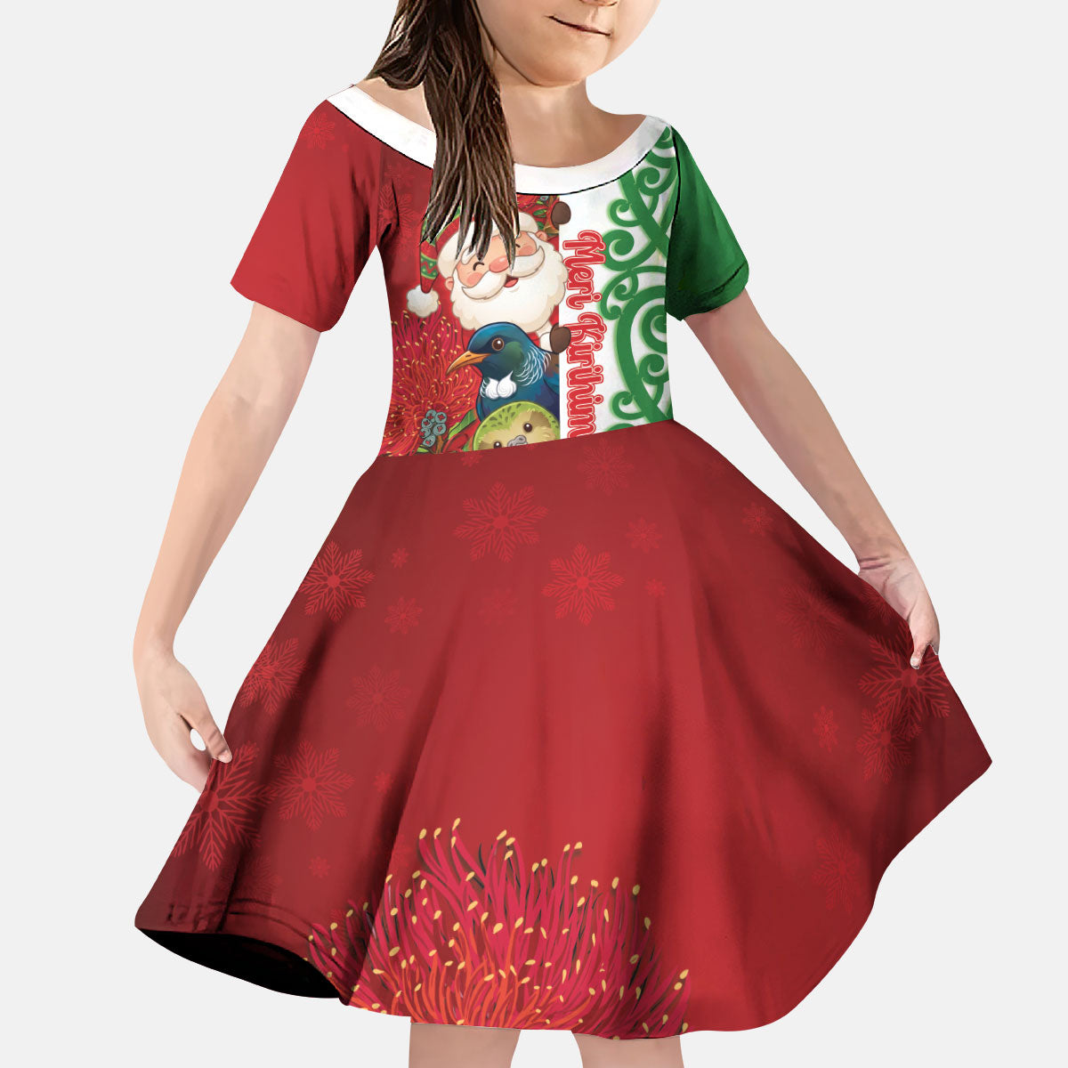 Meri Kirihimete New Zealand Personalised Kid Short Sleeve Dress Cute Santa NZ Animals and Pohutukawa