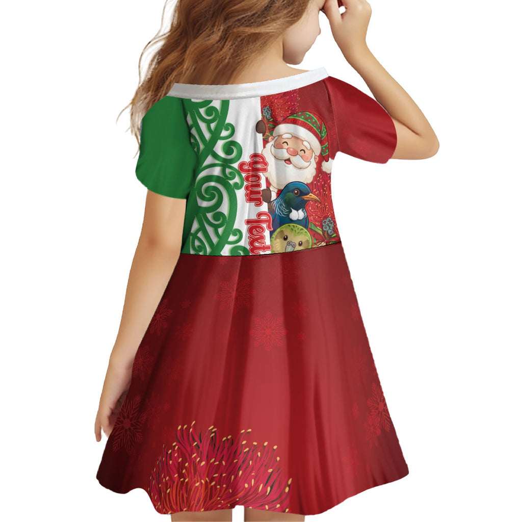 Meri Kirihimete New Zealand Personalised Kid Short Sleeve Dress Cute Santa NZ Animals and Pohutukawa