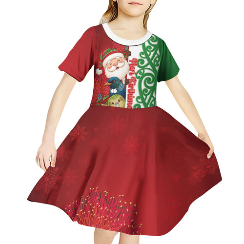 Meri Kirihimete New Zealand Personalised Kid Short Sleeve Dress Cute Santa NZ Animals and Pohutukawa