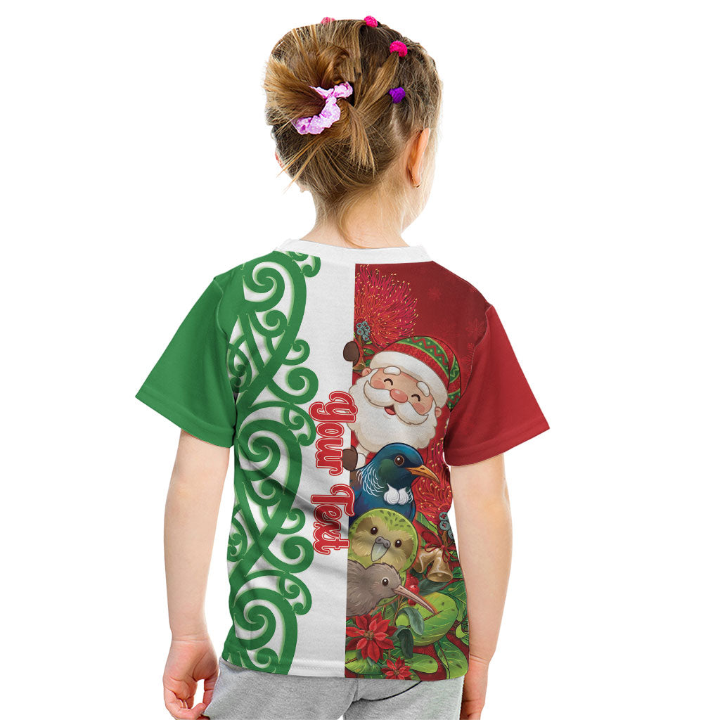Meri Kirihimete New Zealand Personalised Kid T Shirt Cute Santa NZ Animals and Pohutukawa