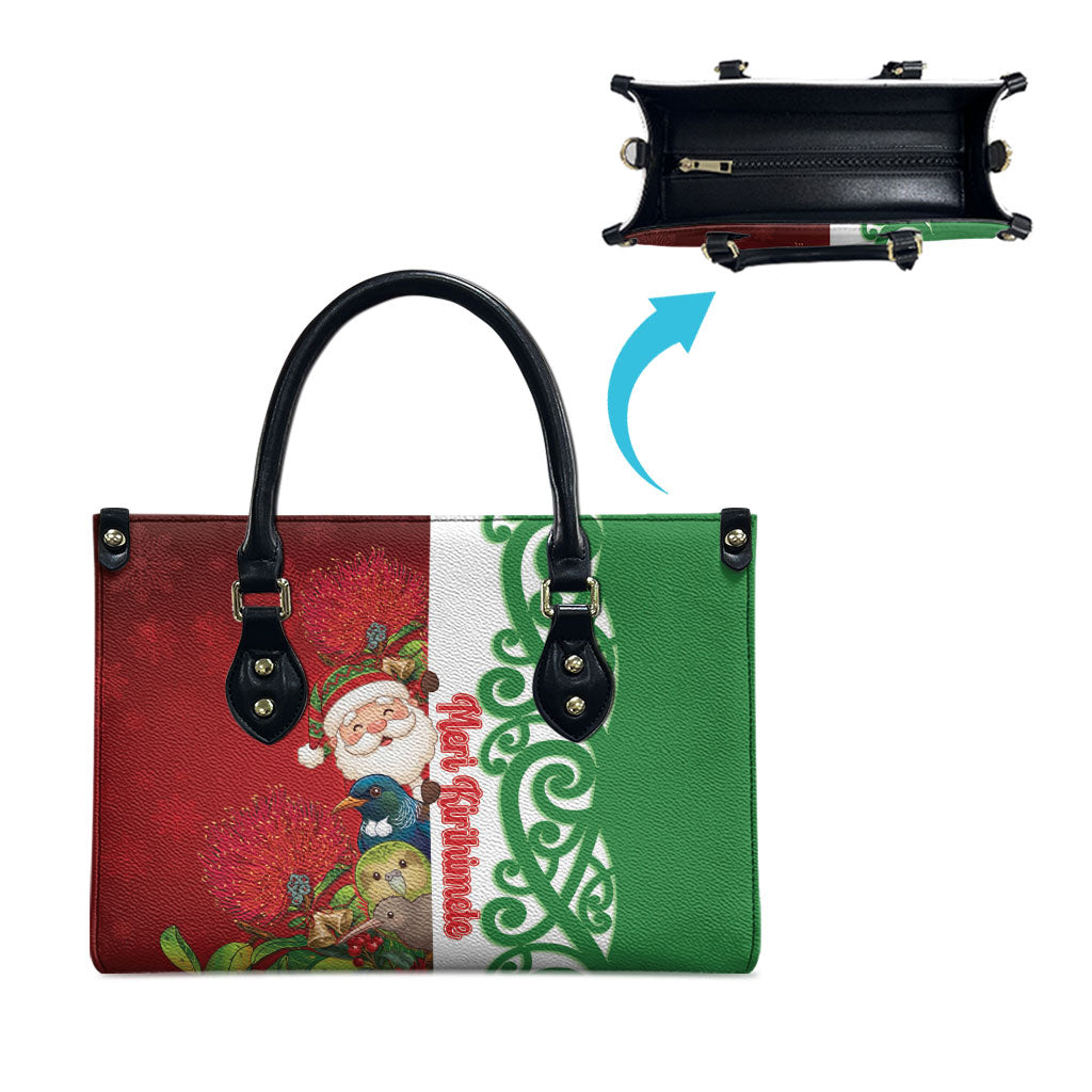 Meri Kirihimete New Zealand Leather Bag Cute Santa NZ Animals and Pohutukawa