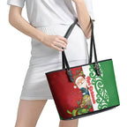 Meri Kirihimete New Zealand Leather Tote Bag Cute Santa NZ Animals and Pohutukawa