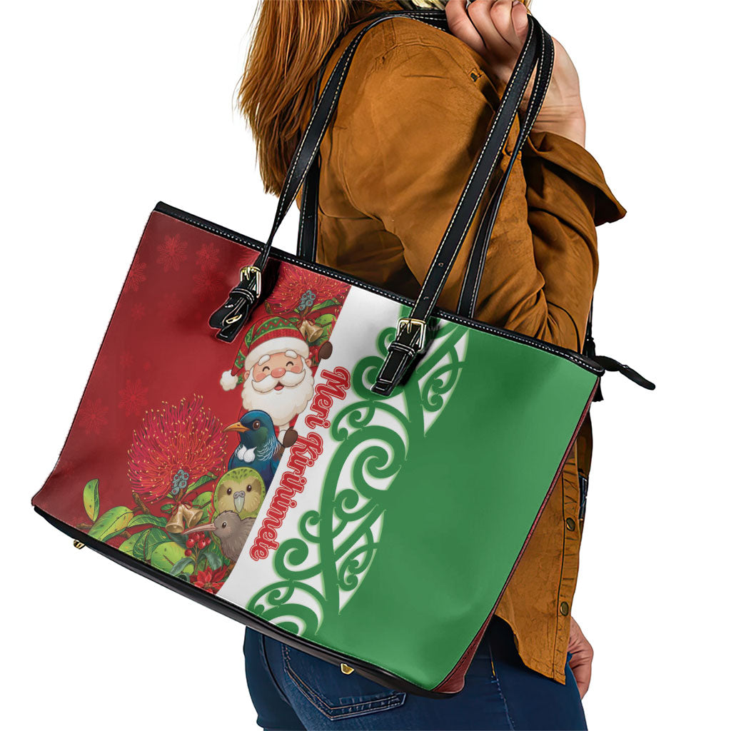 Meri Kirihimete New Zealand Leather Tote Bag Cute Santa NZ Animals and Pohutukawa