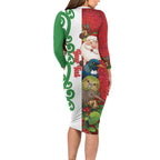 Meri Kirihimete New Zealand Personalised Long Sleeve Bodycon Dress Cute Santa NZ Animals and Pohutukawa
