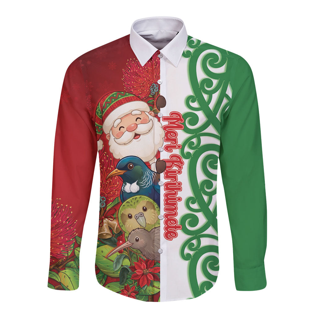 Meri Kirihimete New Zealand Personalised Long Sleeve Button Shirt Cute Santa NZ Animals and Pohutukawa