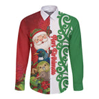 Meri Kirihimete New Zealand Personalised Long Sleeve Button Shirt Cute Santa NZ Animals and Pohutukawa