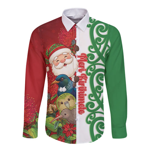 Meri Kirihimete New Zealand Personalised Long Sleeve Button Shirt Cute Santa NZ Animals and Pohutukawa