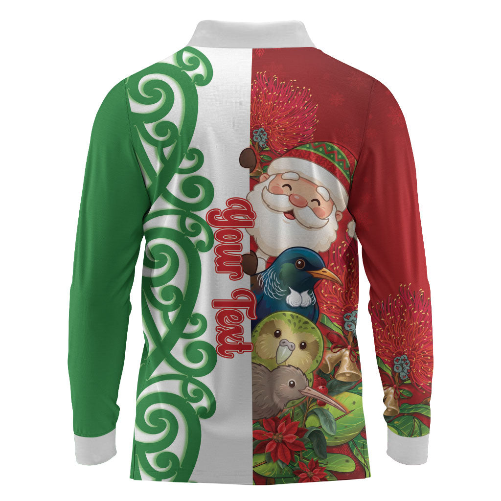Meri Kirihimete New Zealand Personalised Long Sleeve Polo Shirt Cute Santa NZ Animals and Pohutukawa