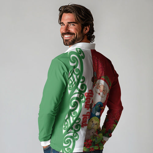 Meri Kirihimete New Zealand Personalised Long Sleeve Polo Shirt Cute Santa NZ Animals and Pohutukawa