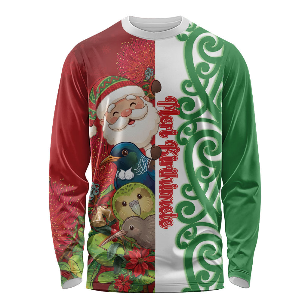 Meri Kirihimete New Zealand Personalised Long Sleeve Shirt Cute Santa NZ Animals and Pohutukawa