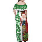Meri Kirihimete New Zealand Personalised Off Shoulder Maxi Dress Cute Santa NZ Animals and Pohutukawa
