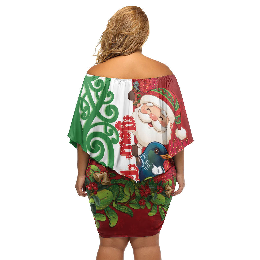 Meri Kirihimete New Zealand Personalised Off Shoulder Short Dress Cute Santa NZ Animals and Pohutukawa