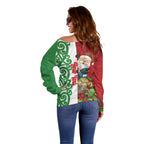 Meri Kirihimete New Zealand Personalised Off Shoulder Sweater Cute Santa NZ Animals and Pohutukawa