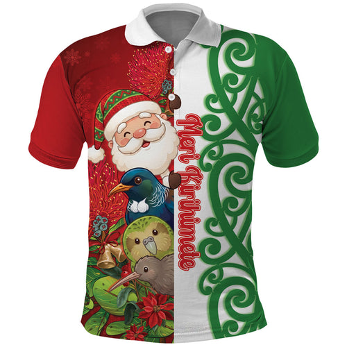 Meri Kirihimete New Zealand Personalised Polo Shirt Cute Santa NZ Animals and Pohutukawa