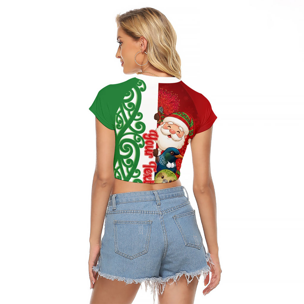 Meri Kirihimete New Zealand Personalised Raglan Cropped T Shirt Cute Santa NZ Animals and Pohutukawa