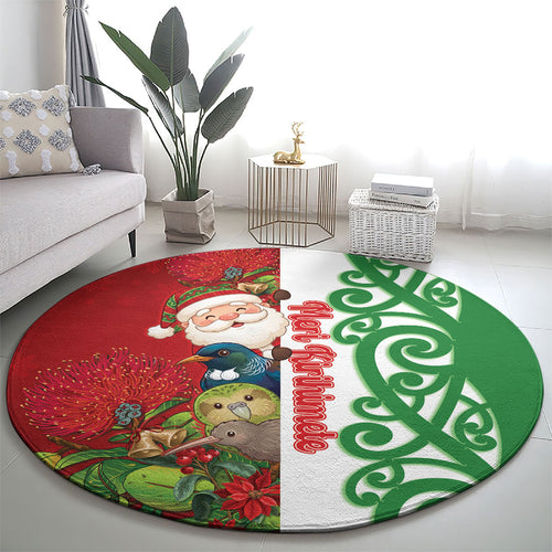Meri Kirihimete New Zealand Round Carpet Cute Santa NZ Animals and Pohutukawa