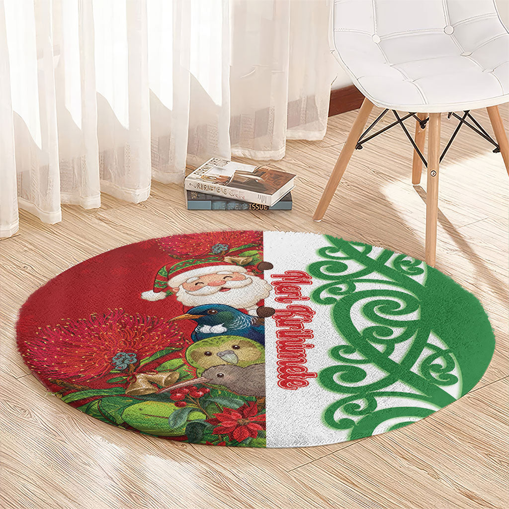 Meri Kirihimete New Zealand Round Carpet Cute Santa NZ Animals and Pohutukawa