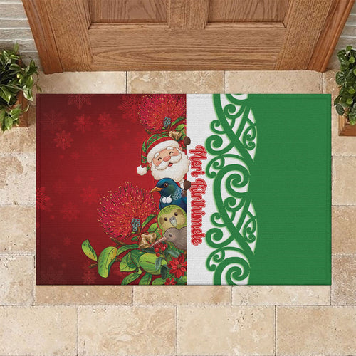 Meri Kirihimete New Zealand Rubber Doormat Cute Santa NZ Animals and Pohutukawa