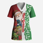Meri Kirihimete New Zealand Personalised Scrub Top Cute Santa NZ Animals and Pohutukawa