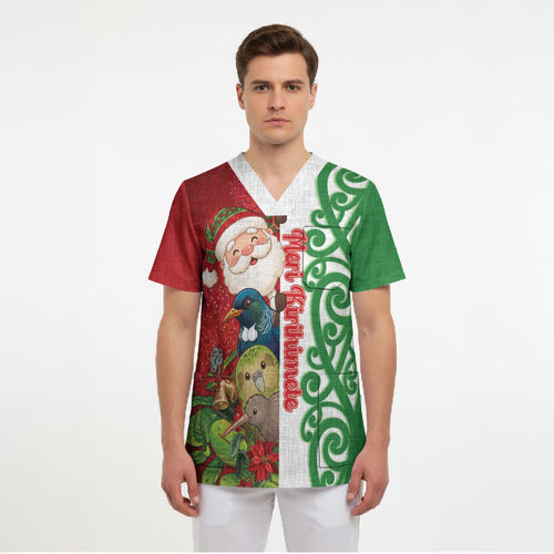 Meri Kirihimete New Zealand Personalised Scrub Top Cute Santa NZ Animals and Pohutukawa