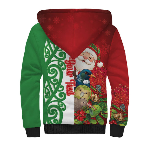 Meri Kirihimete New Zealand Personalised Sherpa Hoodie Cute Santa NZ Animals and Pohutukawa