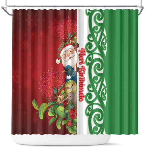 Meri Kirihimete New Zealand Shower Curtain Cute Santa NZ Animals and Pohutukawa