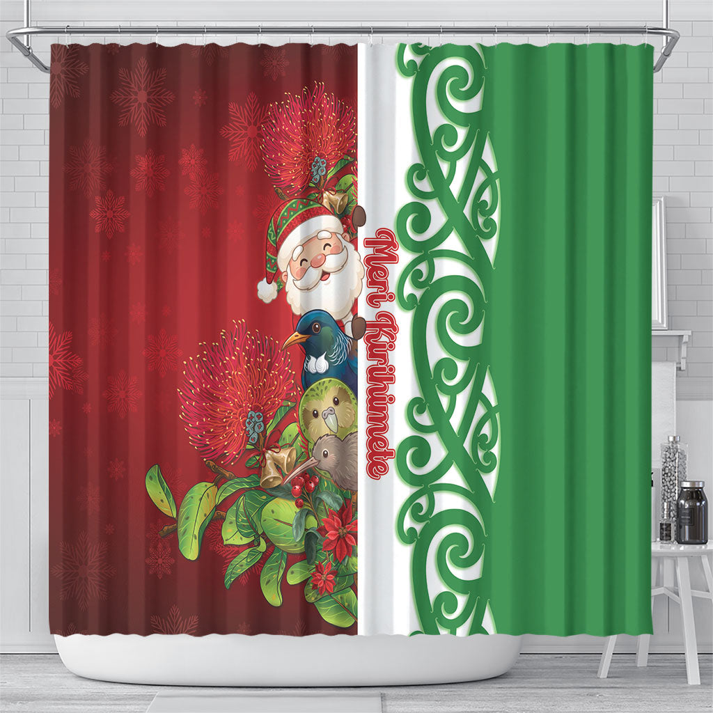 Meri Kirihimete New Zealand Shower Curtain Cute Santa NZ Animals and Pohutukawa