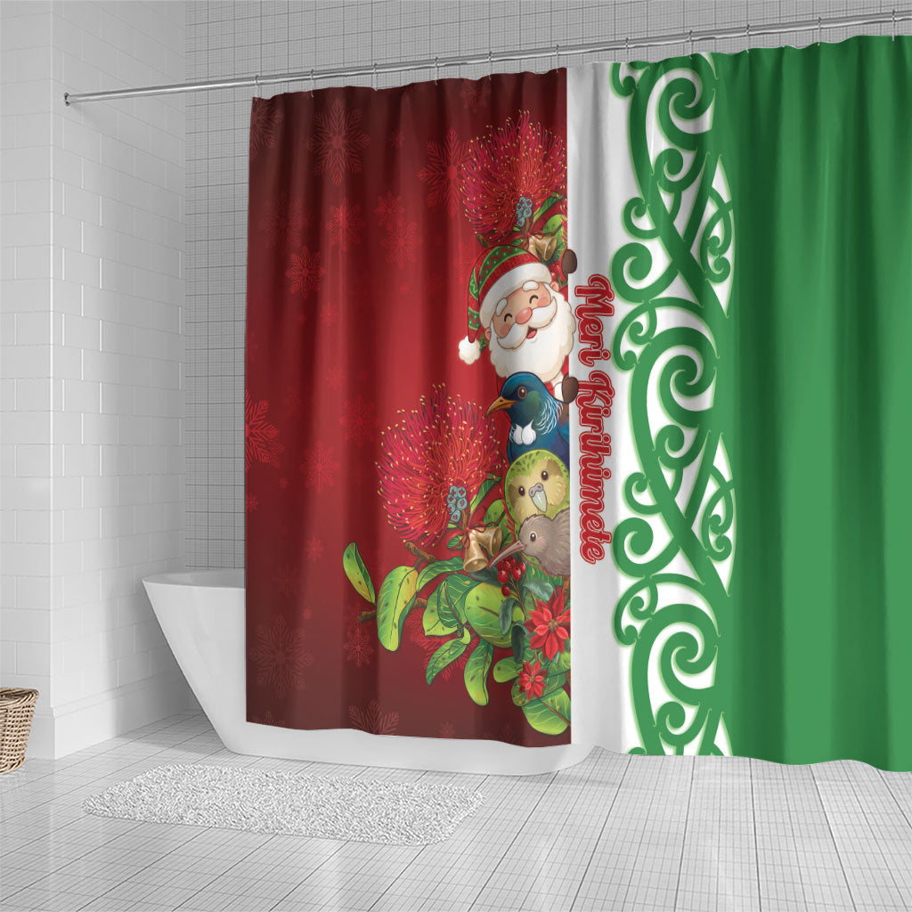 Meri Kirihimete New Zealand Shower Curtain Cute Santa NZ Animals and Pohutukawa
