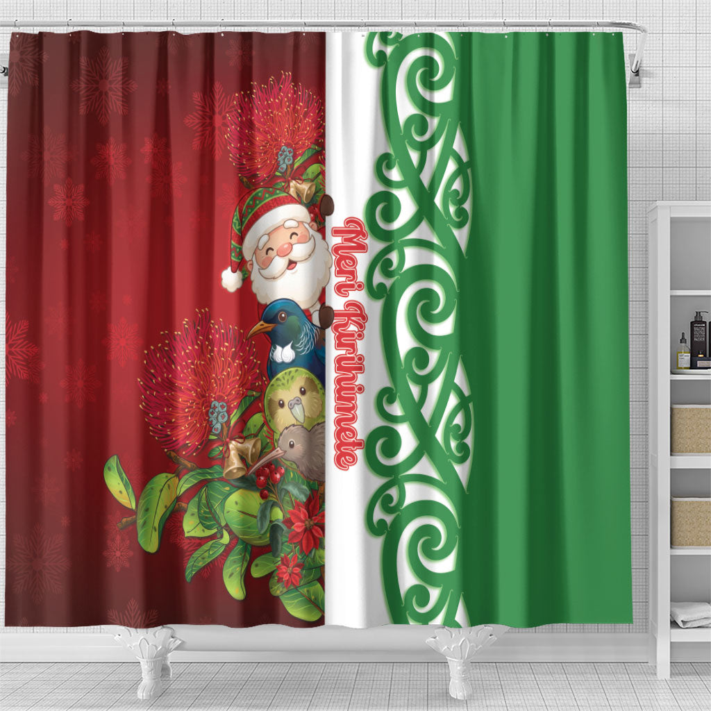 Meri Kirihimete New Zealand Shower Curtain Cute Santa NZ Animals and Pohutukawa
