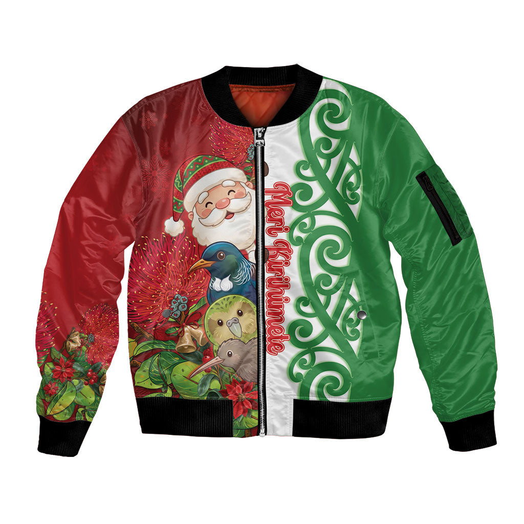 Meri Kirihimete New Zealand Personalised Sleeve Zip Bomber Jacket Cute Santa NZ Animals and Pohutukawa