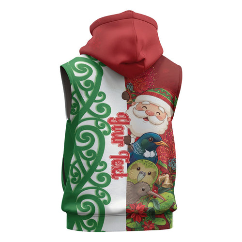Meri Kirihimete New Zealand Personalised Sleeveless Hoodie Cute Santa NZ Animals and Pohutukawa