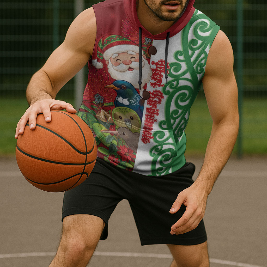Meri Kirihimete New Zealand Personalised Sleeveless Hoodie Cute Santa NZ Animals and Pohutukawa