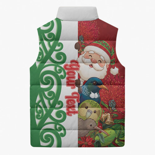 Meri Kirihimete New Zealand Personalised Sleeveless Puffer Jacket Cute Santa NZ Animals and Pohutukawa