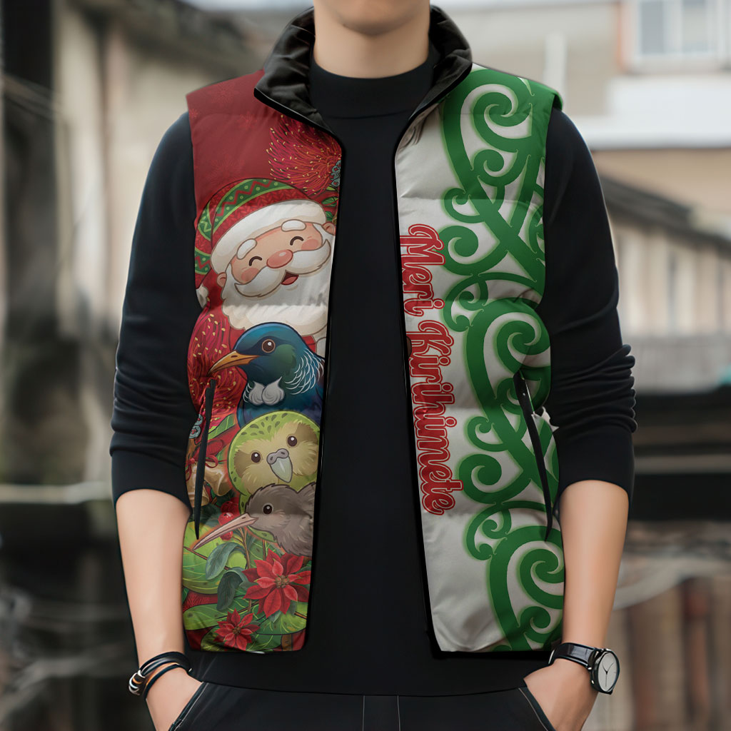 Meri Kirihimete New Zealand Personalised Sleeveless Puffer Jacket Cute Santa NZ Animals and Pohutukawa
