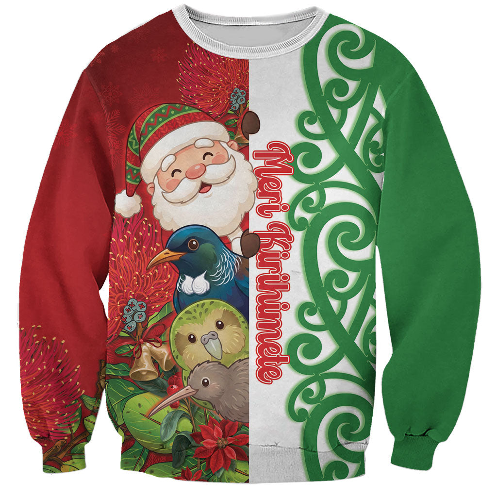 Meri Kirihimete New Zealand Personalised Sweatshirt Cute Santa NZ Animals and Pohutukawa