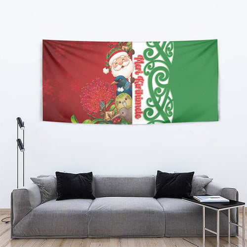 Meri Kirihimete New Zealand Tapestry Cute Santa NZ Animals and Pohutukawa