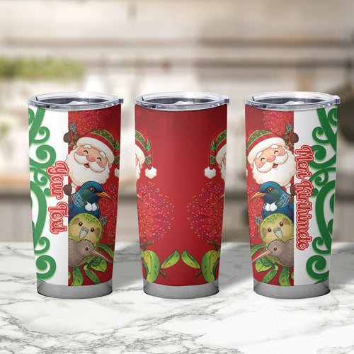 Meri Kirihimete New Zealand Personalised Tumbler Cup Cute Santa NZ Animals and Pohutukawa