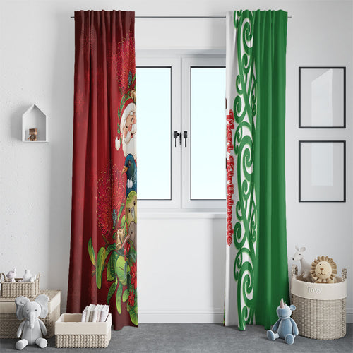 Meri Kirihimete New Zealand Window Curtain Cute Santa NZ Animals and Pohutukawa