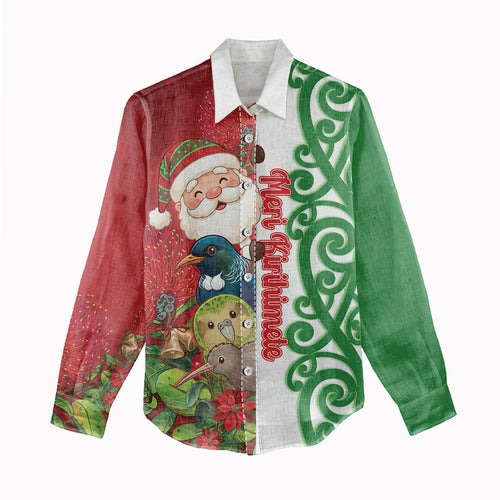 Meri Kirihimete New Zealand Personalised Women Casual Shirt Cute Santa NZ Animals and Pohutukawa