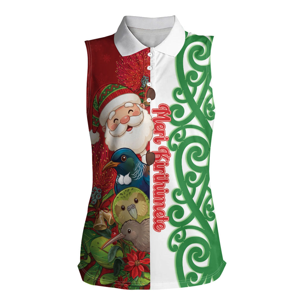 Meri Kirihimete New Zealand Personalised Women Sleeveless Polo Shirt Cute Santa NZ Animals and Pohutukawa