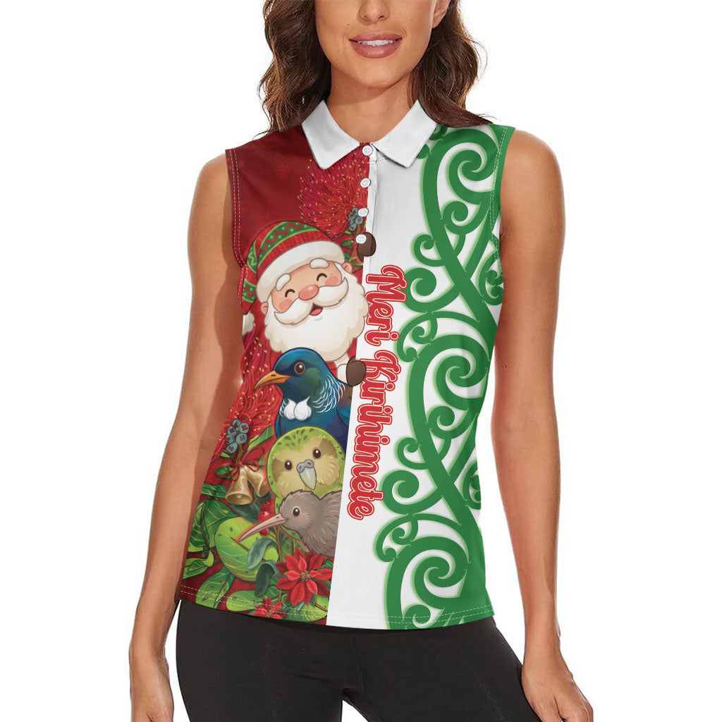 Meri Kirihimete New Zealand Personalised Women Sleeveless Polo Shirt Cute Santa NZ Animals and Pohutukawa