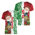 Meri Kirihimete New Zealand Personalised Women V-Neck T-Shirt Cute Santa NZ Animals and Pohutukawa