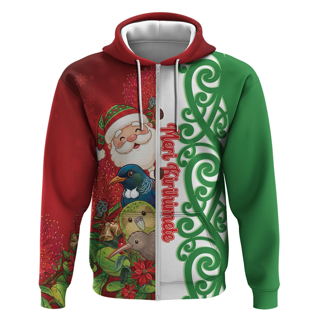 Meri Kirihimete New Zealand Personalised Zip Hoodie Cute Santa NZ Animals and Pohutukawa