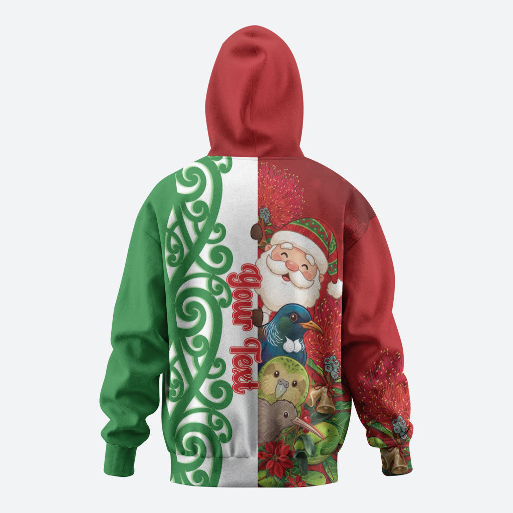 Meri Kirihimete New Zealand Personalised Zip Hoodie Cute Santa NZ Animals and Pohutukawa